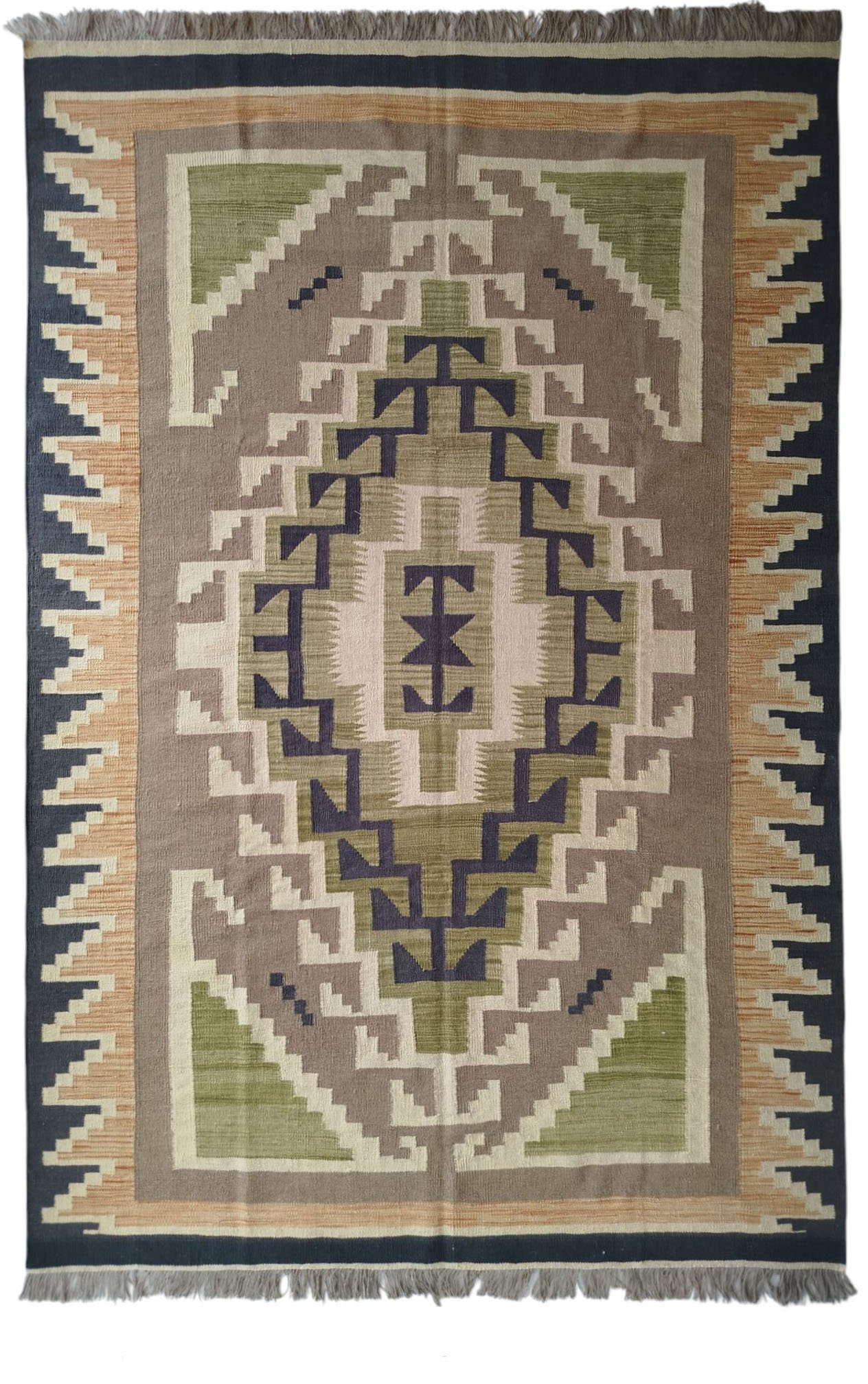 Sr274 6.6 9.8 412 Grey, olive, navy, peach, and cream 6.6 × 9.8 ft handwoven Afghan wool rug with central medallion