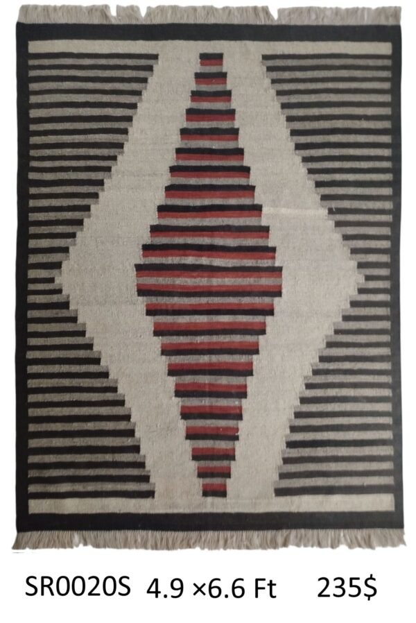 Cream, black, red, and grey 4.9 × 6.6 ft handwoven Afghan wool rug with striped diamond medallion