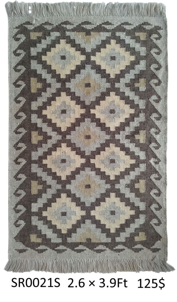 Grey, brown, cream, and beige 2.6 × 3.9 ft handwoven Afghan wool rug with diamond lattice pattern