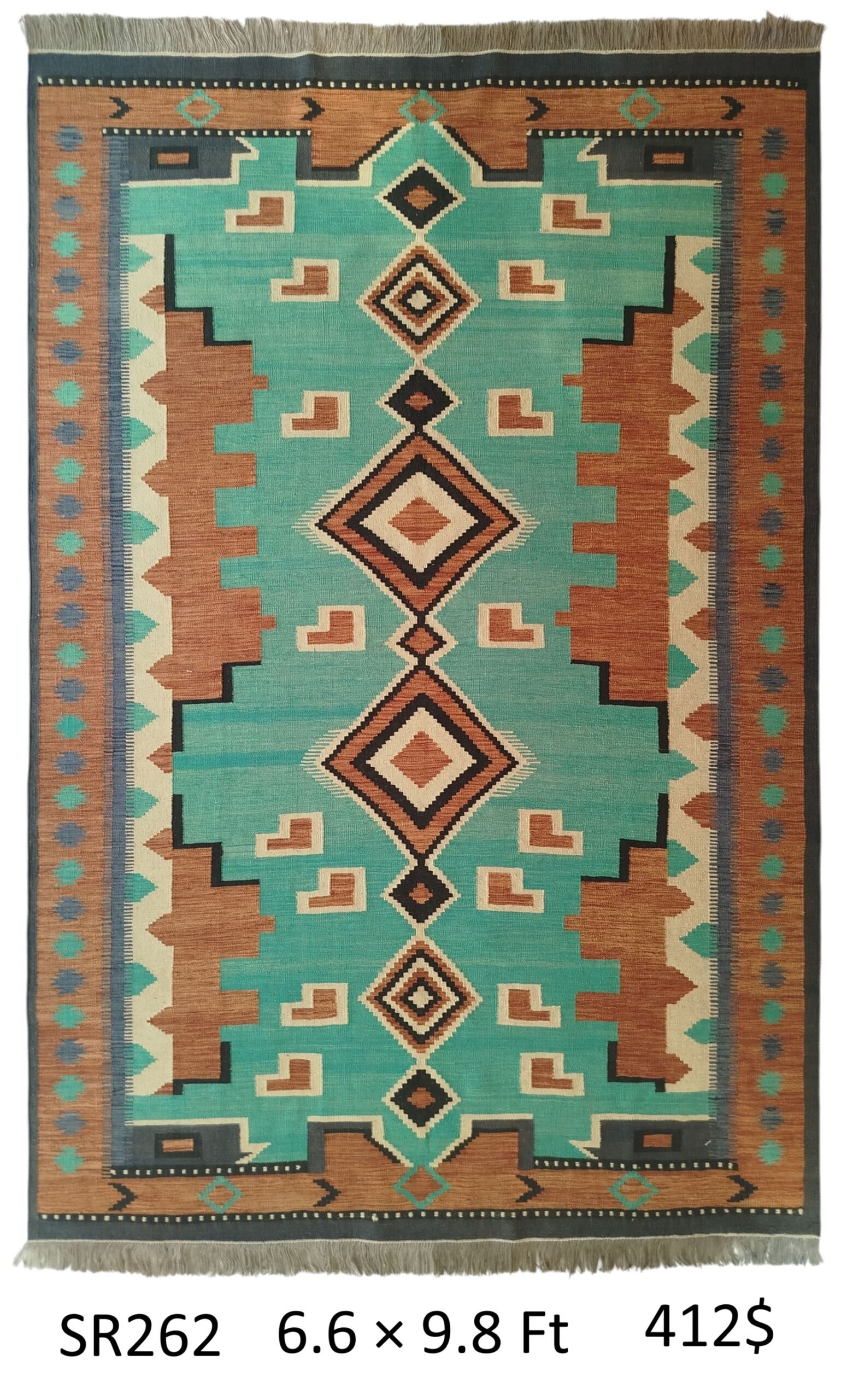 Sr262 6.6 9.8 412$ Teal, rust, brown, cream, and black 6.6 × 9.8 ft handwoven Afghan wool rug with diamond medallions